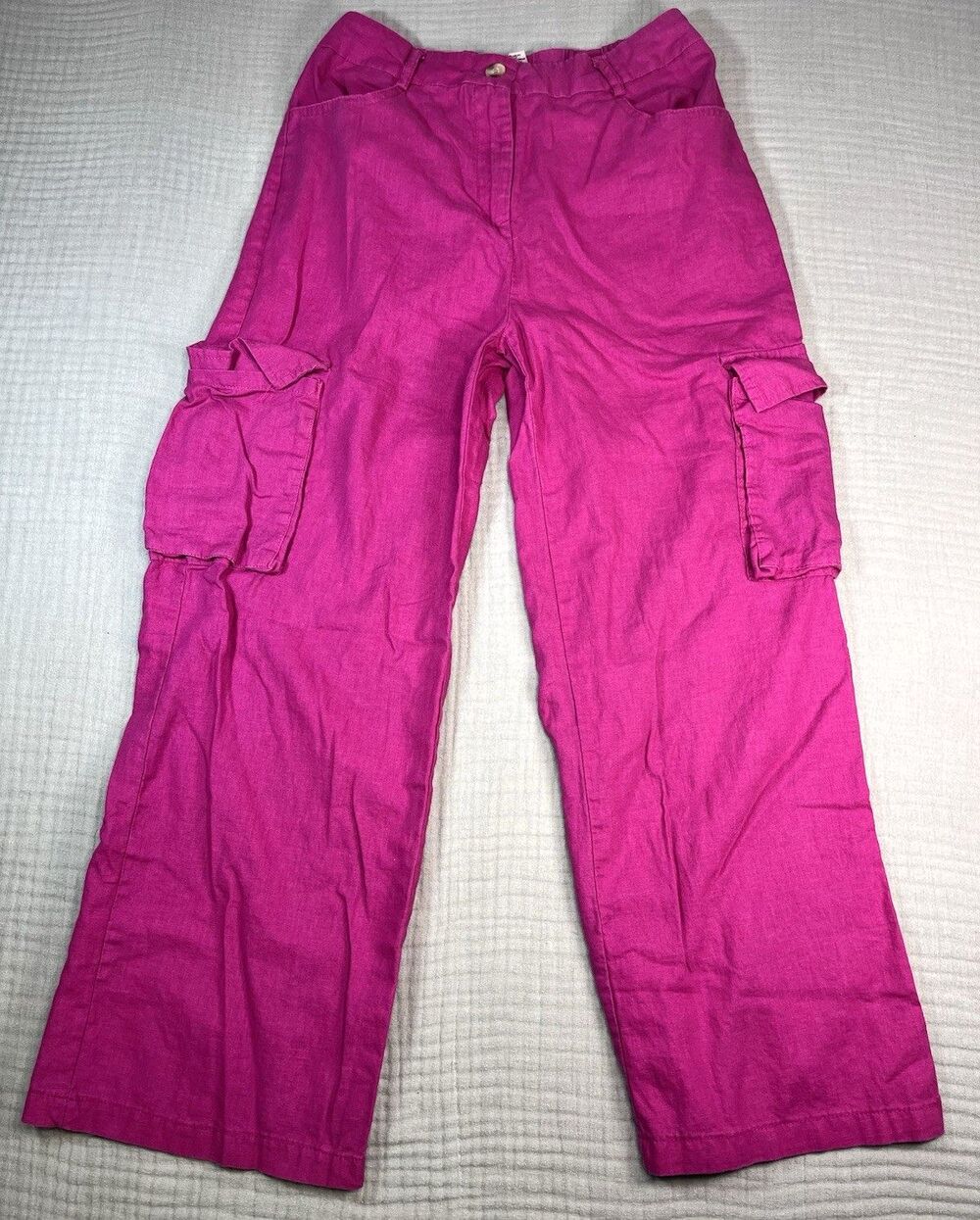HG by Collection Women Pink Linen Blend Straight Pant M Casual Summer Boho Cargo